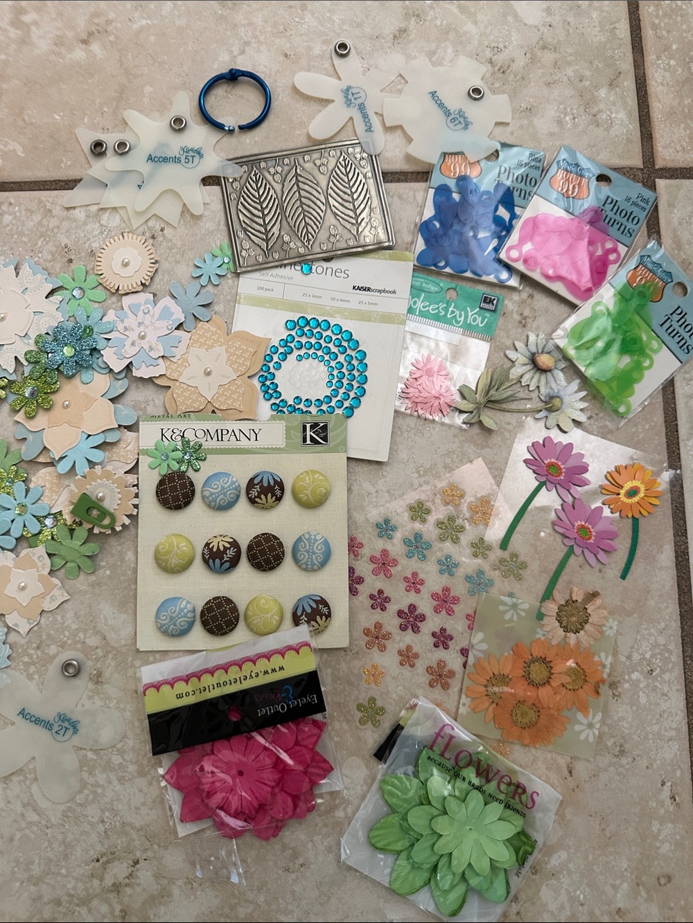 Assorted Paper Flower Embellishments - Blue, Pink, Green, Cream
